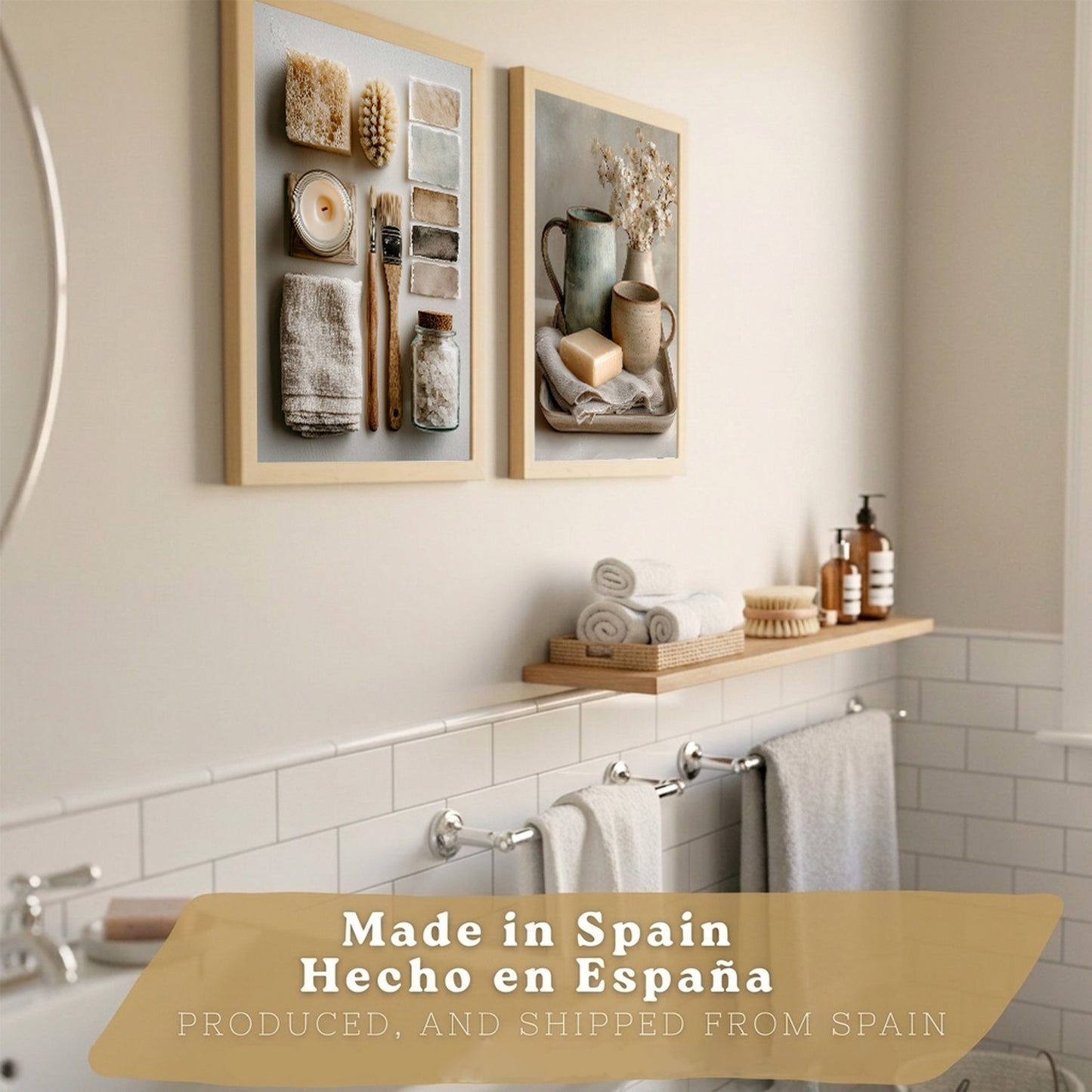 Juego de 2 Laminas Decorativas para Pared de Baño Cuadros y Poster para Lavabo Ducha WC y Aseo con Jabon Tazas Flores y Accesorios Estilo Natural Artistico