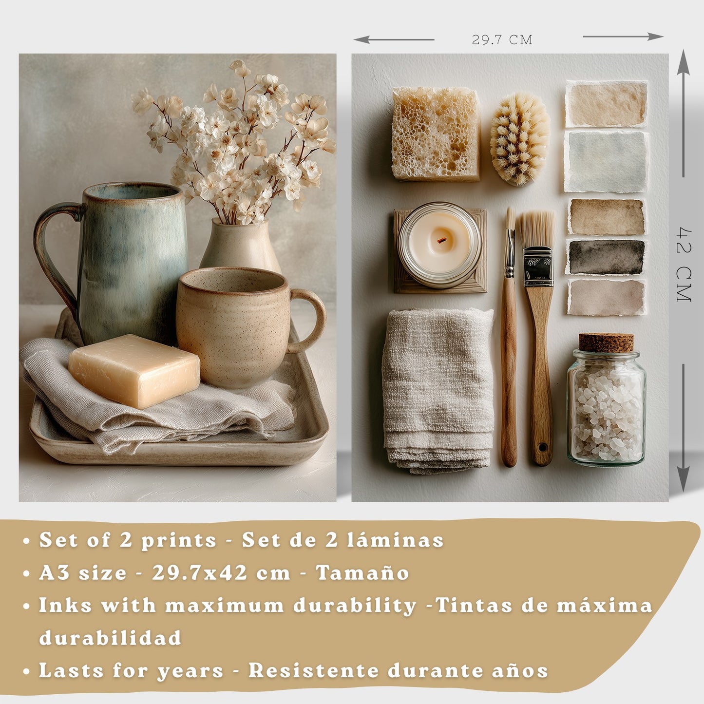 Juego de 2 Laminas Decorativas para Pared de Baño Cuadros y Poster para Lavabo Ducha WC y Aseo con Jabon Tazas Flores y Accesorios Estilo Natural Artistico
