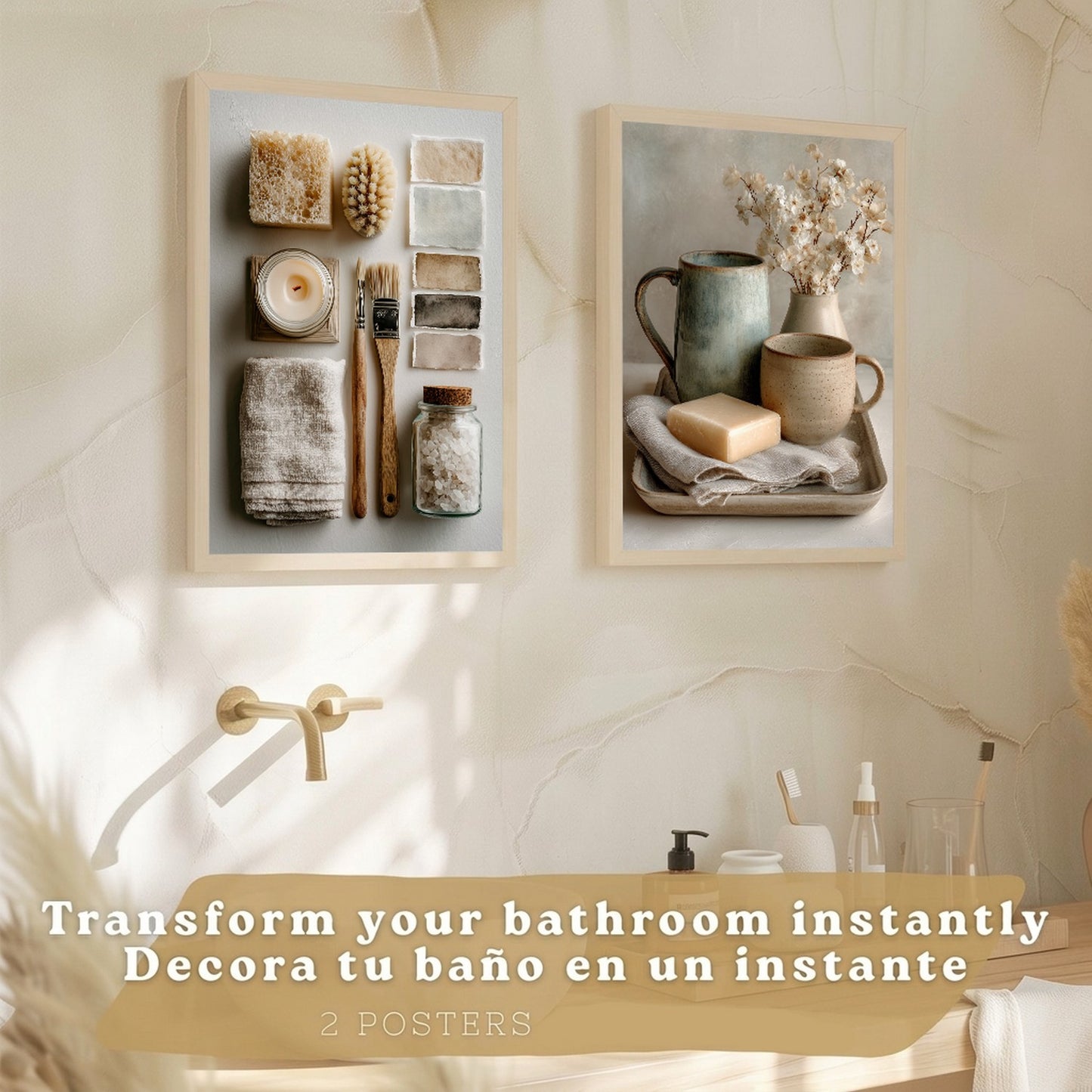 Juego de 2 Laminas Decorativas para Pared de Baño Cuadros y Poster para Lavabo Ducha WC y Aseo con Jabon Tazas Flores y Accesorios Estilo Natural Artistico