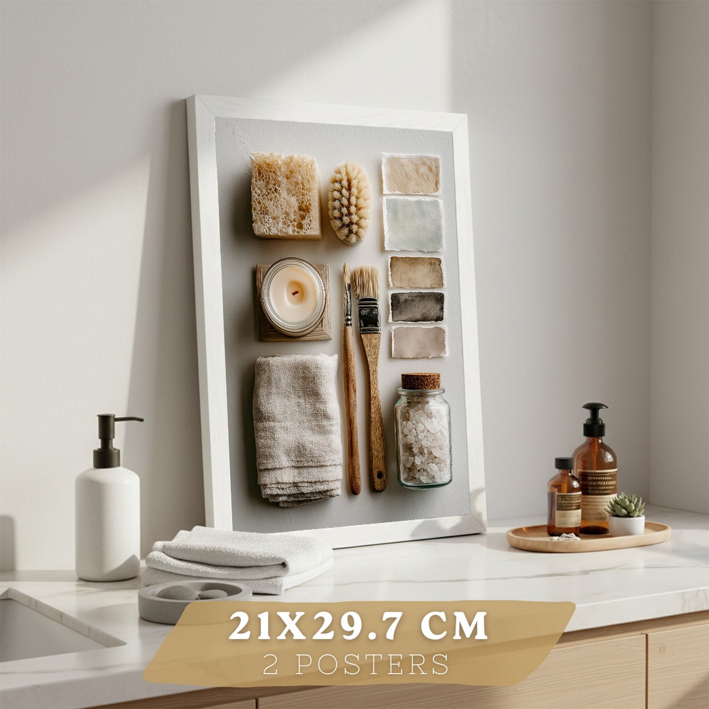 Juego de 2 Laminas Decorativas para Pared de Baño Cuadros y Poster para Lavabo Ducha WC y Aseo con Jabon Tazas Flores y Accesorios Estilo Natural Artistico