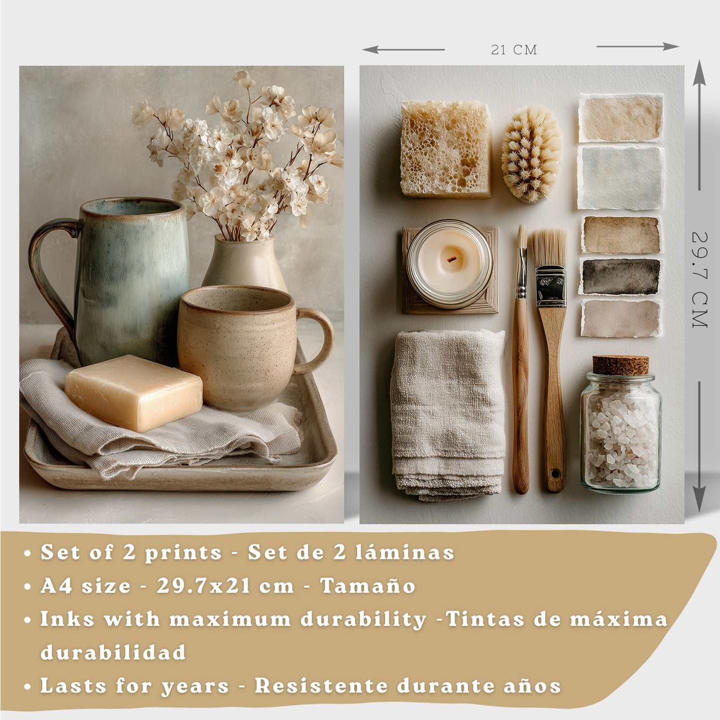 Juego de 2 Laminas Decorativas para Pared de Baño Cuadros y Poster para Lavabo Ducha WC y Aseo con Jabon Tazas Flores y Accesorios Estilo Natural Artistico