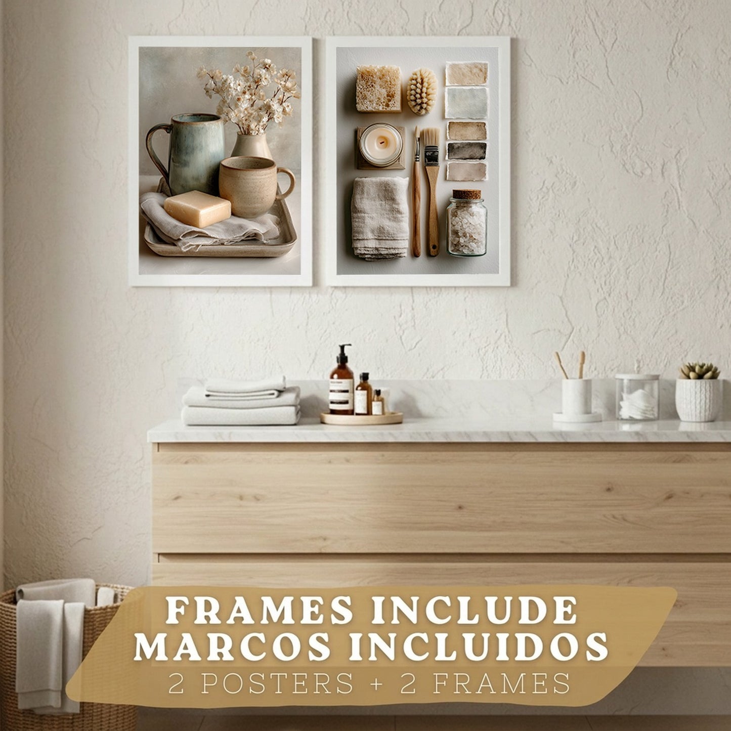 Juego de 2 Laminas Decorativas para Pared de Baño Cuadros y Poster para Lavabo Ducha WC y Aseo con Jabon Tazas Flores y Accesorios Estilo Natural Artistico