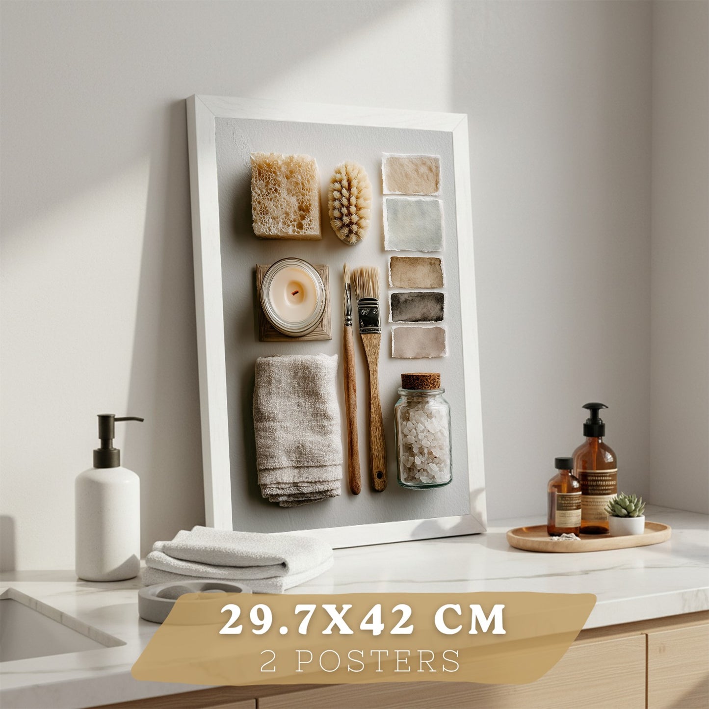 Juego de 2 Laminas Decorativas para Pared de Baño Cuadros y Poster para Lavabo Ducha WC y Aseo con Jabon Tazas Flores y Accesorios Estilo Natural Artistico