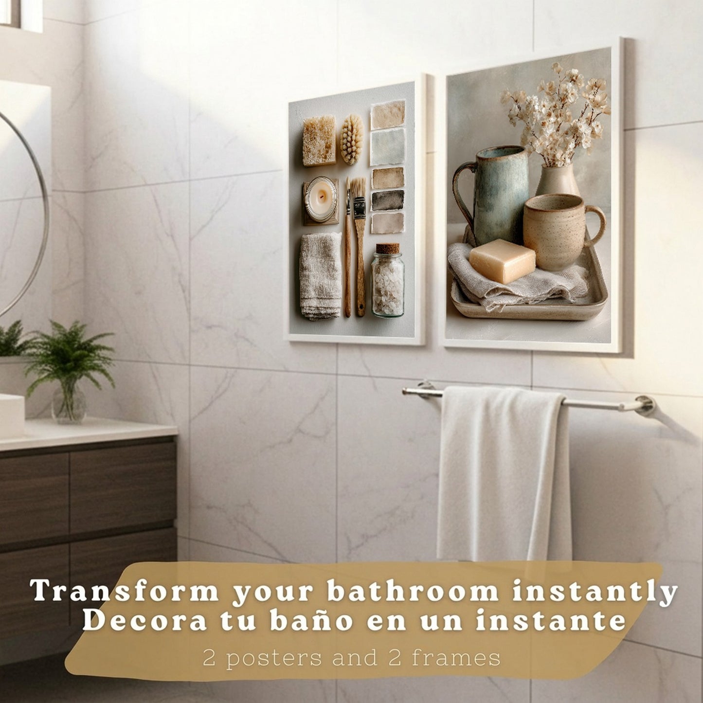 Juego de 2 Laminas Decorativas para Pared de Baño Cuadros y Poster para Lavabo Ducha WC y Aseo con Jabon Tazas Flores y Accesorios Estilo Natural Artistico