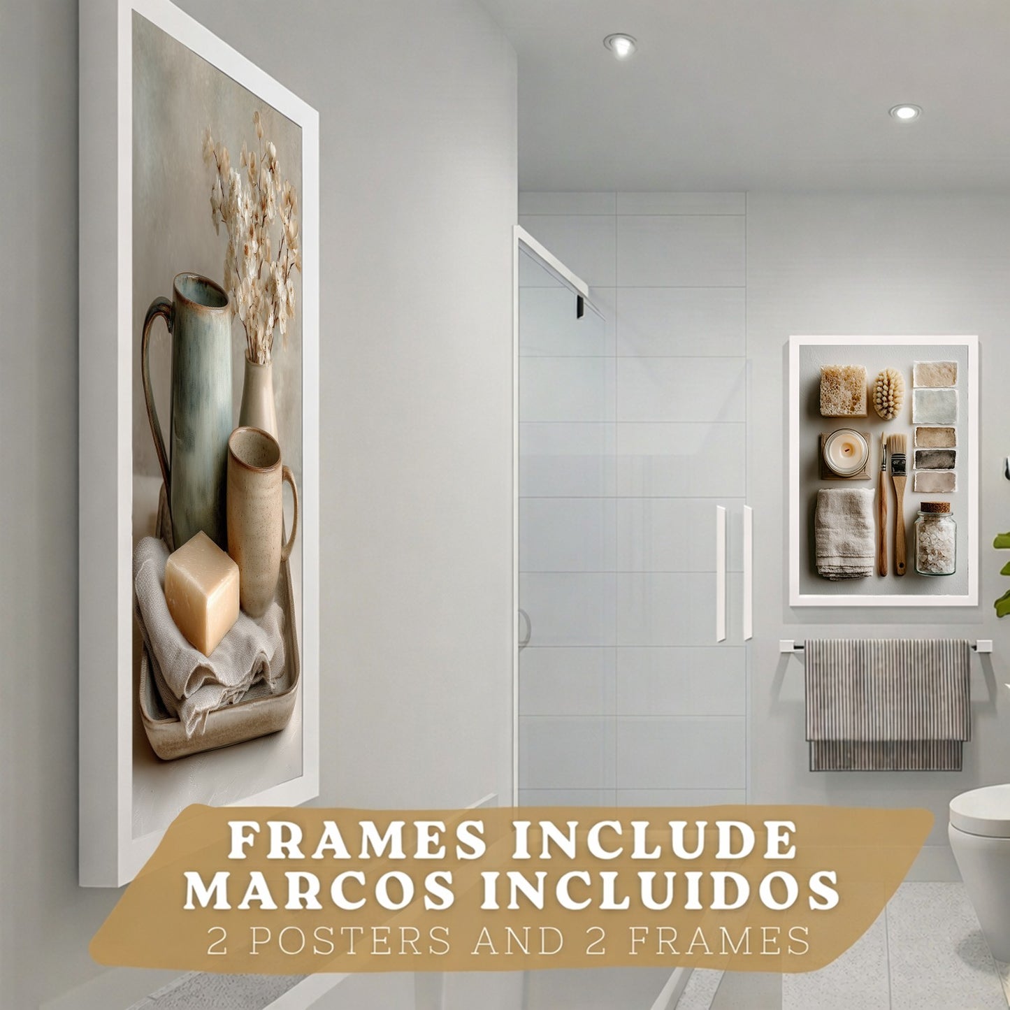 Juego de 2 Laminas Decorativas para Pared de Baño Cuadros y Poster para Lavabo Ducha WC y Aseo con Jabon Tazas Flores y Accesorios Estilo Natural Artistico