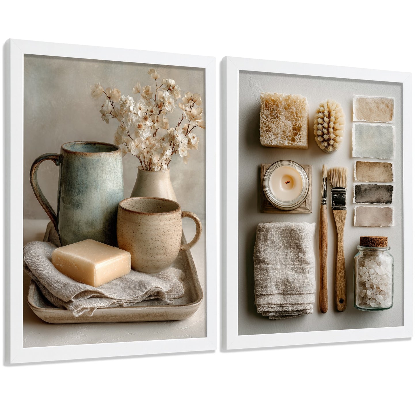Juego de 2 Laminas Decorativas para Pared de Baño Cuadros y Poster para Lavabo Ducha WC y Aseo con Jabon Tazas Flores y Accesorios Estilo Natural Artistico