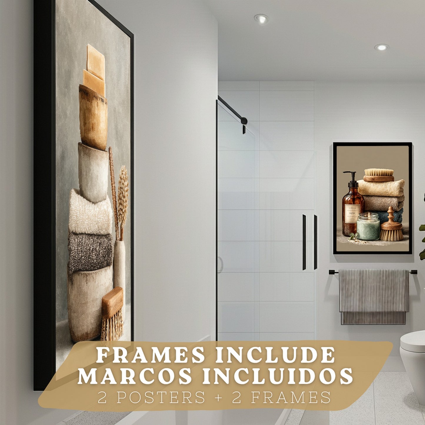 Juego de 2 Laminas Decorativas para Pared de Baño Cuadros y Poster para Lavabo Ducha WC y Aseo con Jabones Toallas y Cepillos Estilo Natural Moderno