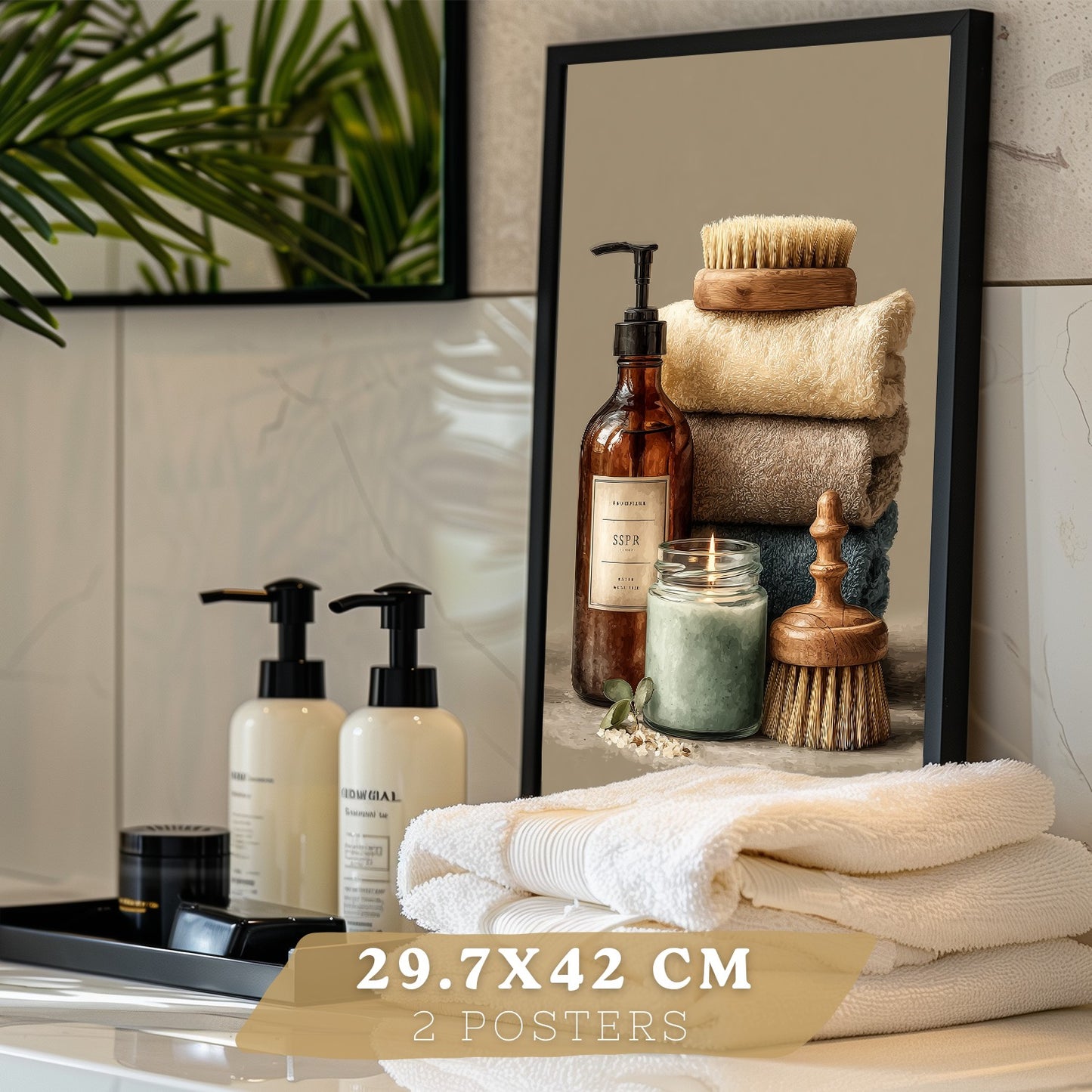 Juego de 2 Laminas Decorativas para Pared de Baño Cuadros y Poster para Lavabo Ducha WC y Aseo con Jabones Toallas y Cepillos Estilo Natural Moderno