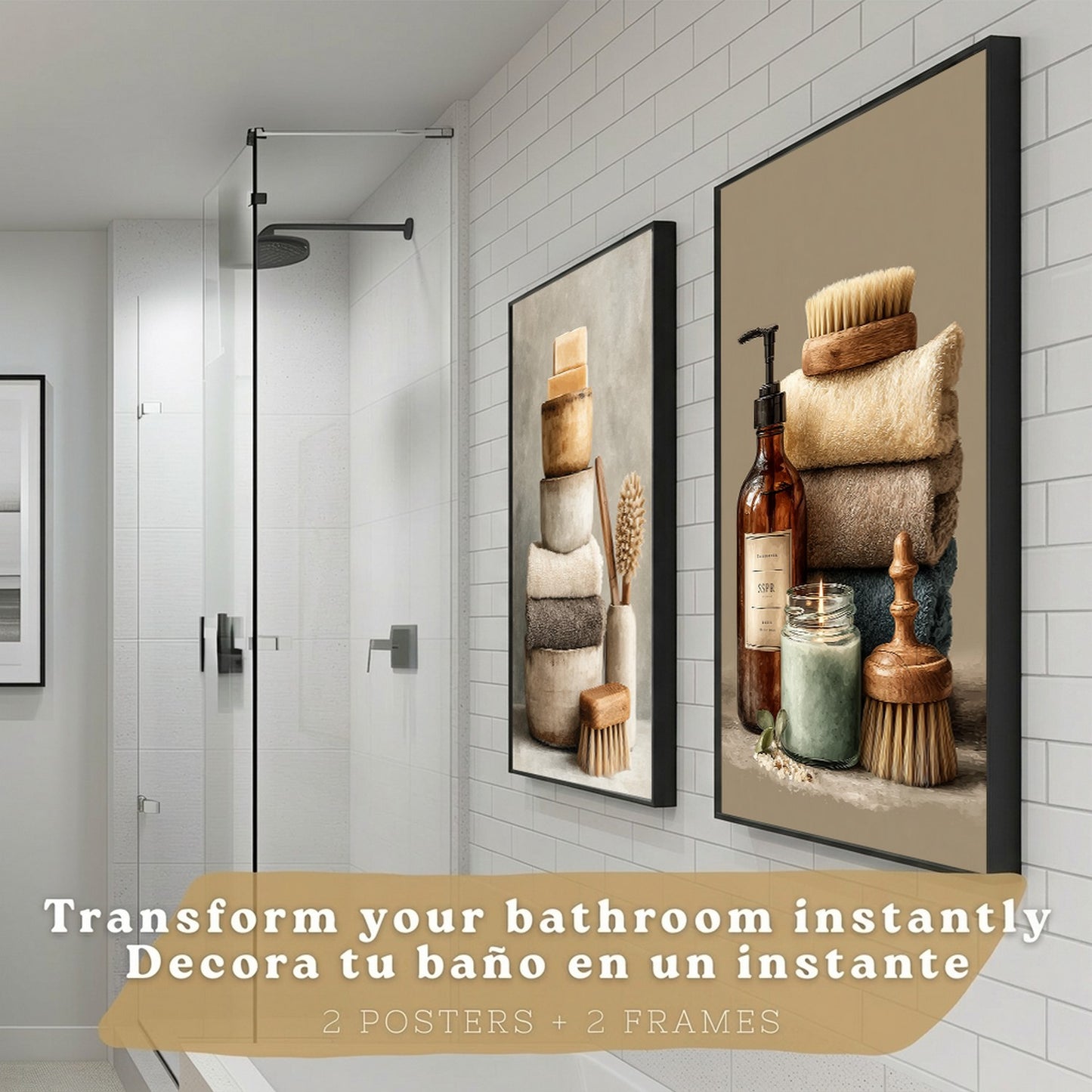 Juego de 2 Laminas Decorativas para Pared de Baño Cuadros y Poster para Lavabo Ducha WC y Aseo con Jabones Toallas y Cepillos Estilo Natural Moderno