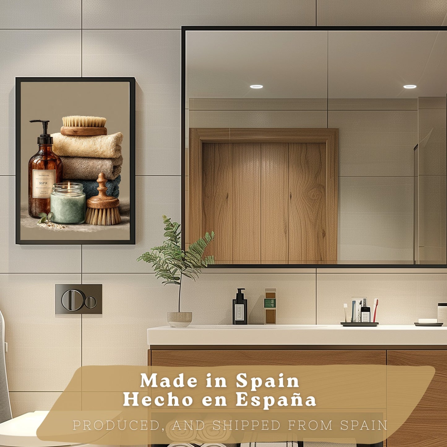 Juego de 2 Laminas Decorativas para Pared de Baño Cuadros y Poster para Lavabo Ducha WC y Aseo con Jabones Toallas y Cepillos Estilo Natural Moderno