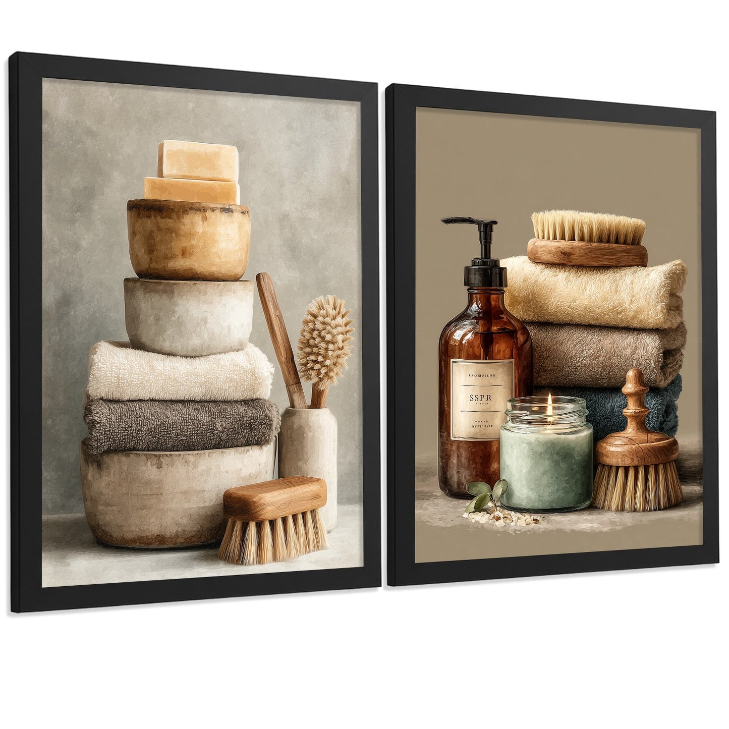 Juego de 2 Laminas Decorativas para Pared de Baño Cuadros y Poster para Lavabo Ducha WC y Aseo con Jabones Toallas y Cepillos Estilo Natural Moderno
