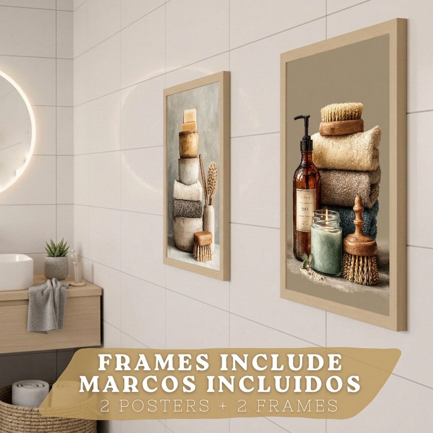 Juego de 2 Laminas Decorativas para Pared de Baño Cuadros y Poster para Lavabo Ducha WC y Aseo con Jabones Toallas y Cepillos Estilo Natural Moderno