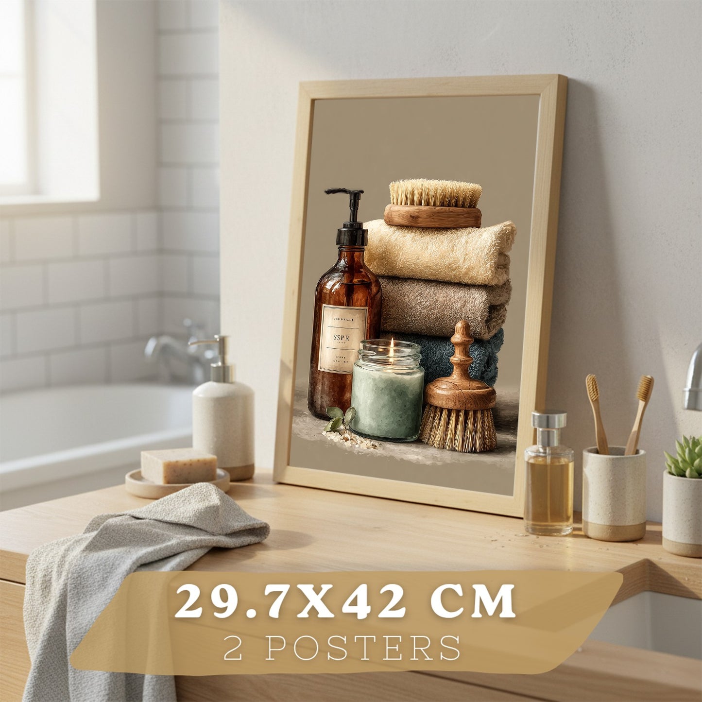 Juego de 2 Laminas Decorativas para Pared de Baño Cuadros y Poster para Lavabo Ducha WC y Aseo con Jabones Toallas y Cepillos Estilo Natural Moderno