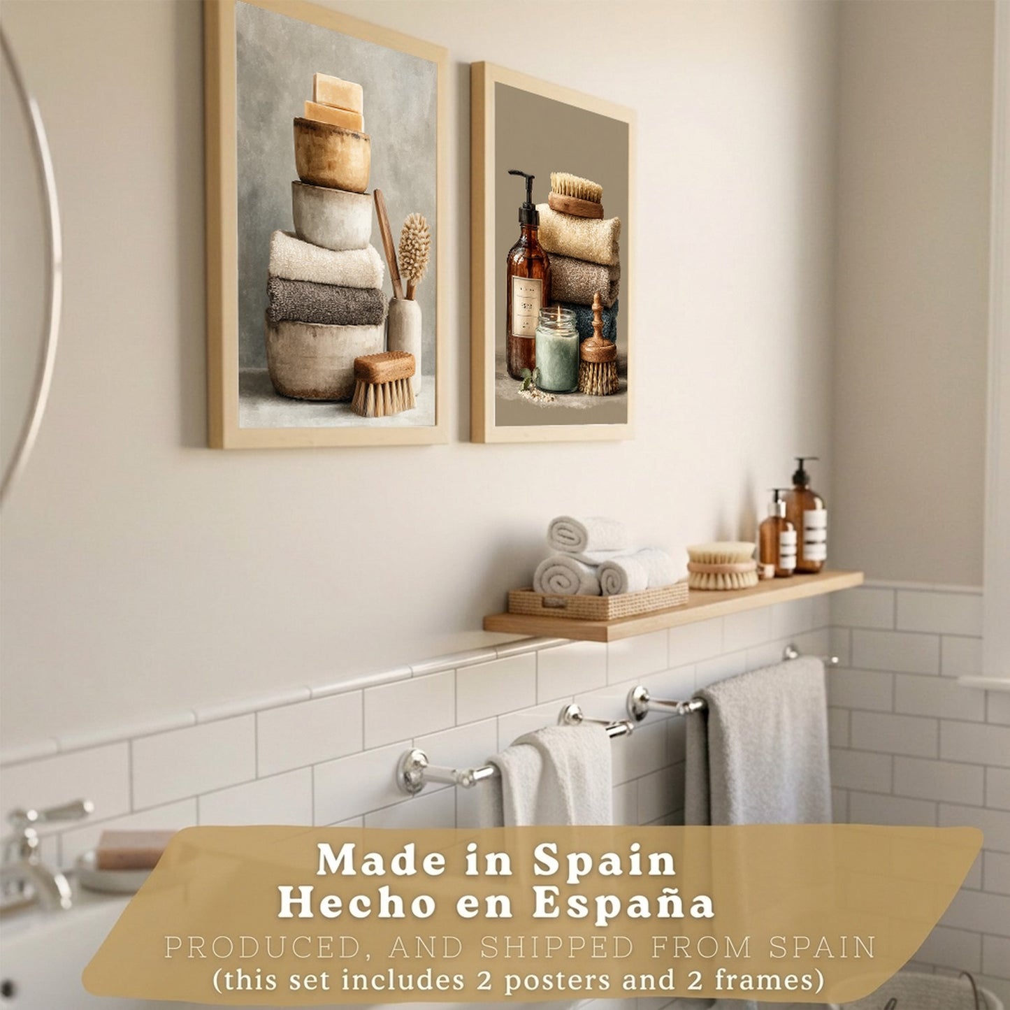 Juego de 2 Laminas Decorativas para Pared de Baño Cuadros y Poster para Lavabo Ducha WC y Aseo con Jabones Toallas y Cepillos Estilo Natural Moderno