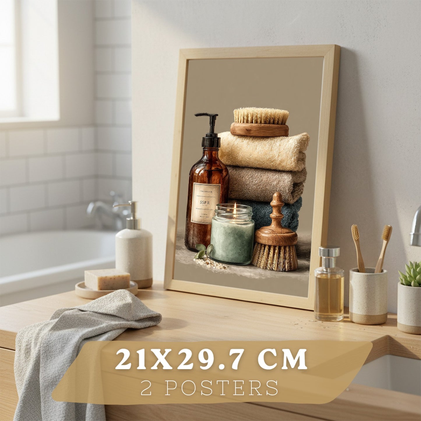Juego de 2 Laminas Decorativas para Pared de Baño Cuadros y Poster para Lavabo Ducha WC y Aseo con Jabones Toallas y Cepillos Estilo Natural Moderno