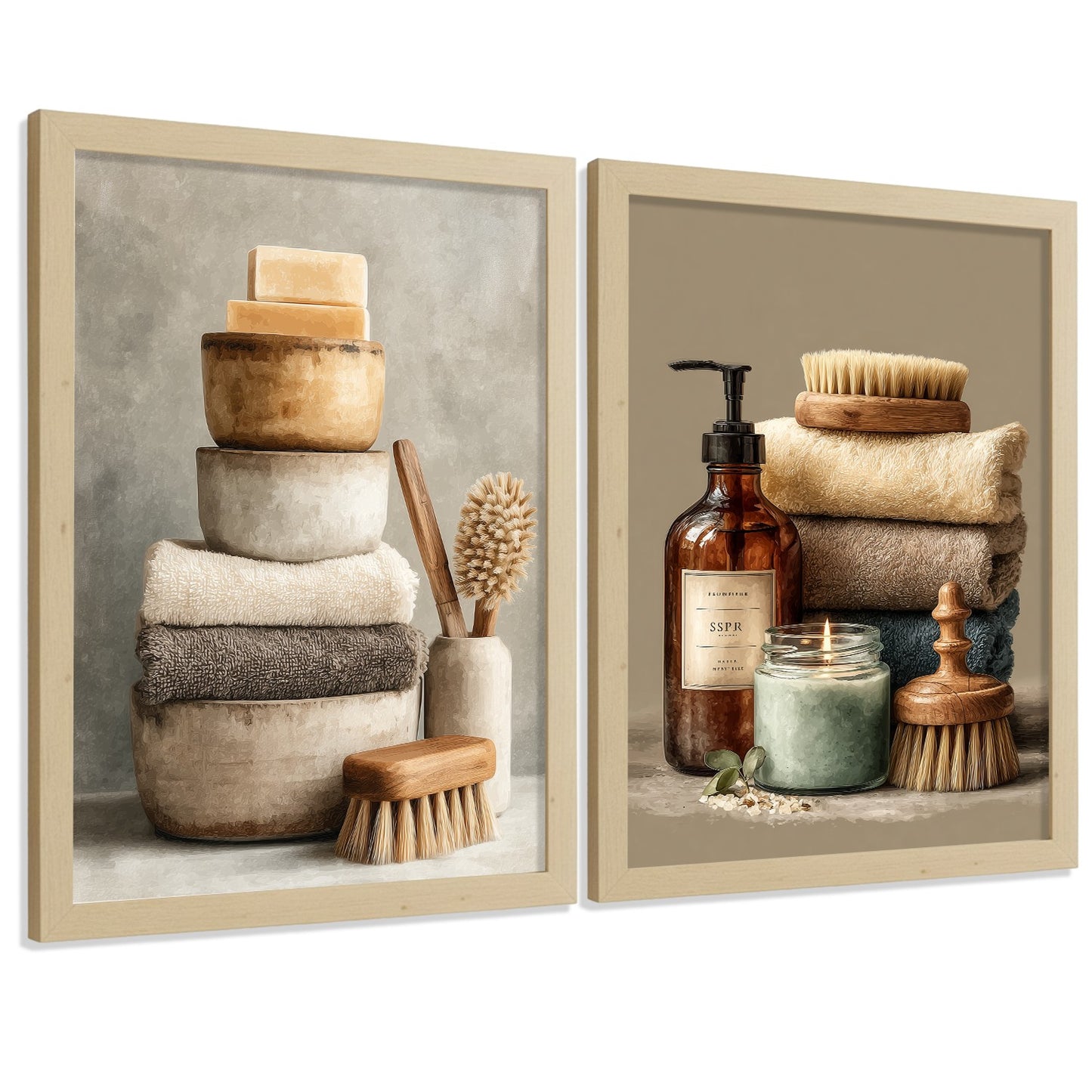 Juego de 2 Laminas Decorativas para Pared de Baño Cuadros y Poster para Lavabo Ducha WC y Aseo con Jabones Toallas y Cepillos Estilo Natural Moderno