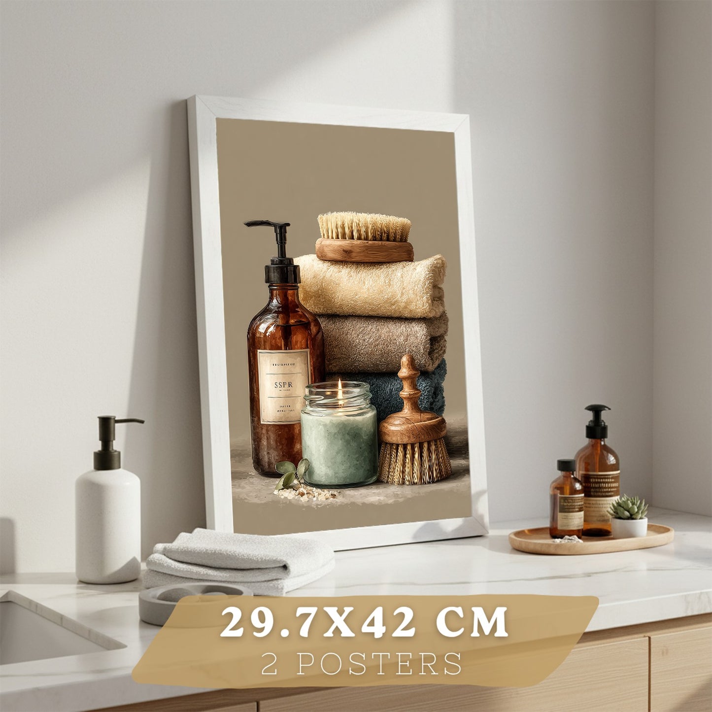 Juego de 2 Laminas Decorativas para Pared de Baño Cuadros y Poster para Lavabo Ducha WC y Aseo con Jabones Toallas y Cepillos Estilo Natural Moderno