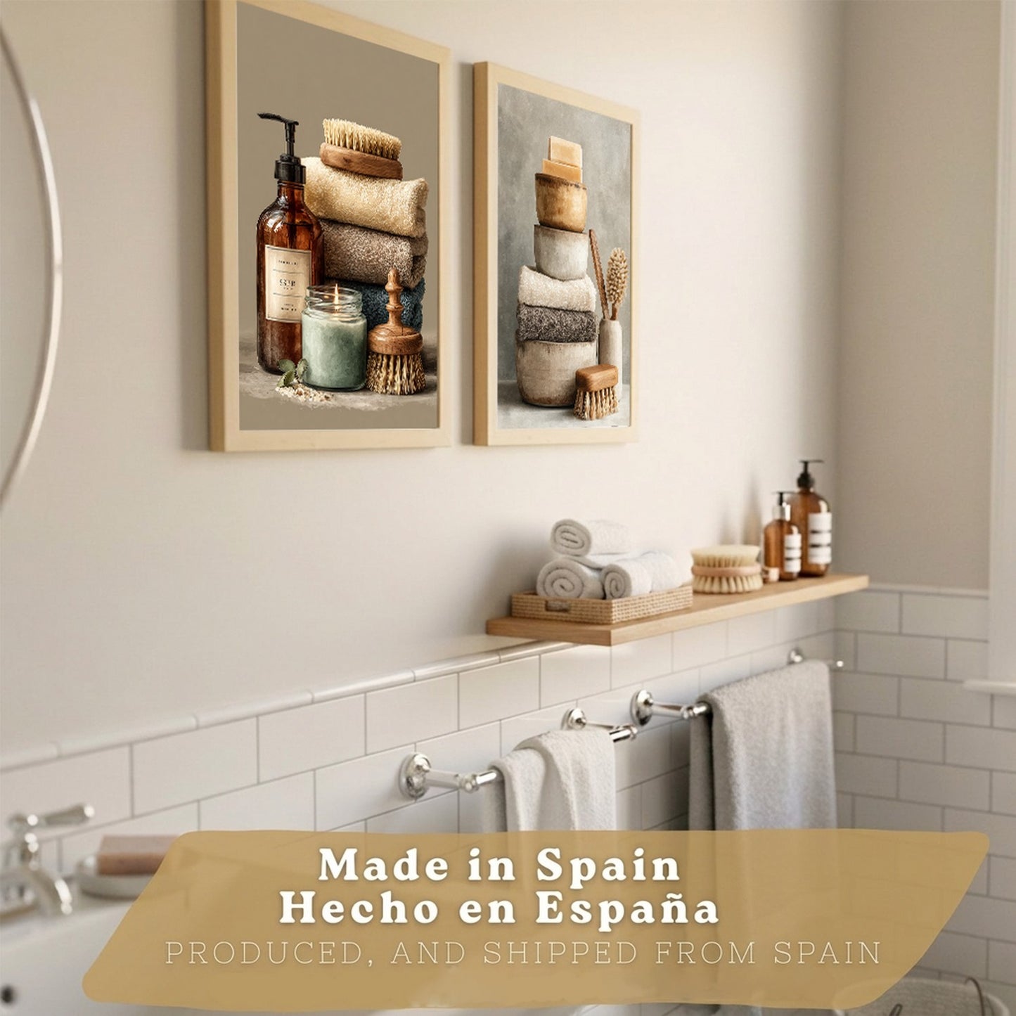 Juego de 2 Laminas Decorativas para Pared de Baño Cuadros y Poster para Lavabo Ducha WC y Aseo con Jabones Toallas y Cepillos Estilo Natural Moderno