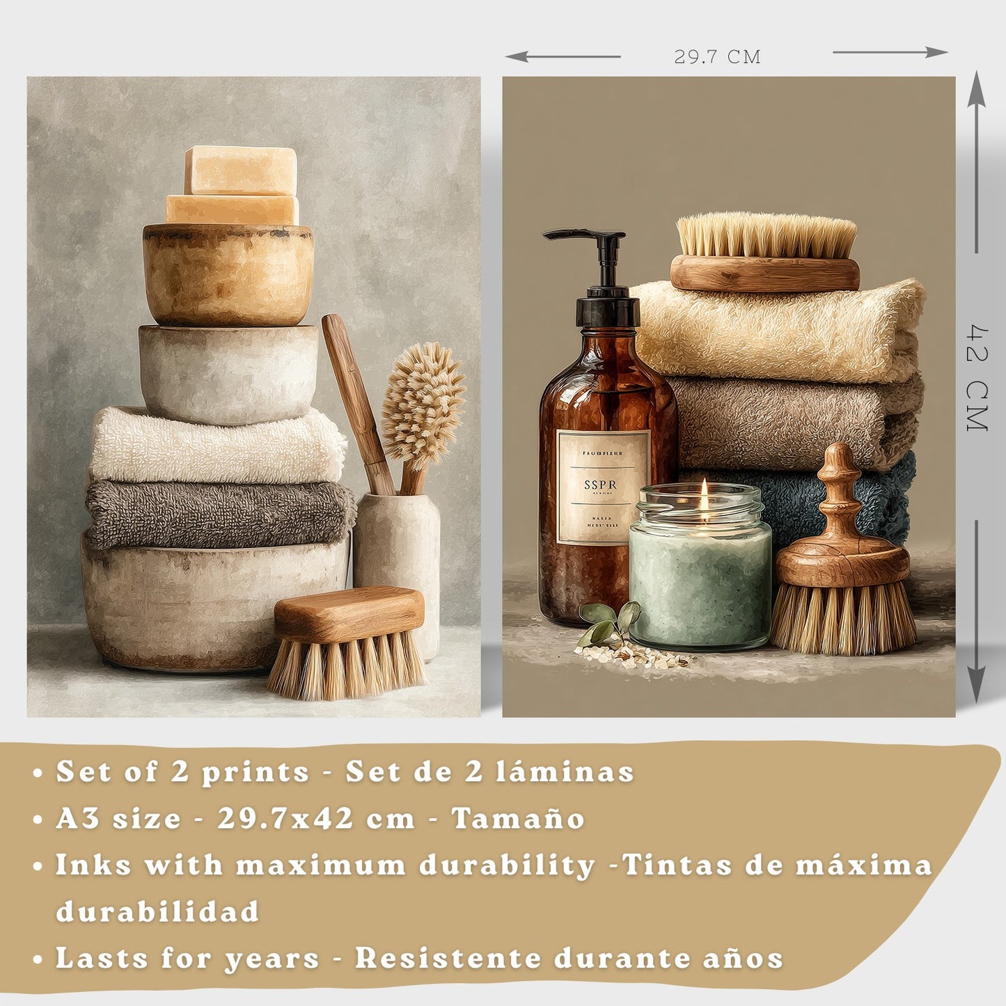Juego de 2 Laminas Decorativas para Pared de Baño Cuadros y Poster para Lavabo Ducha WC y Aseo con Jabones Toallas y Cepillos Estilo Natural Moderno