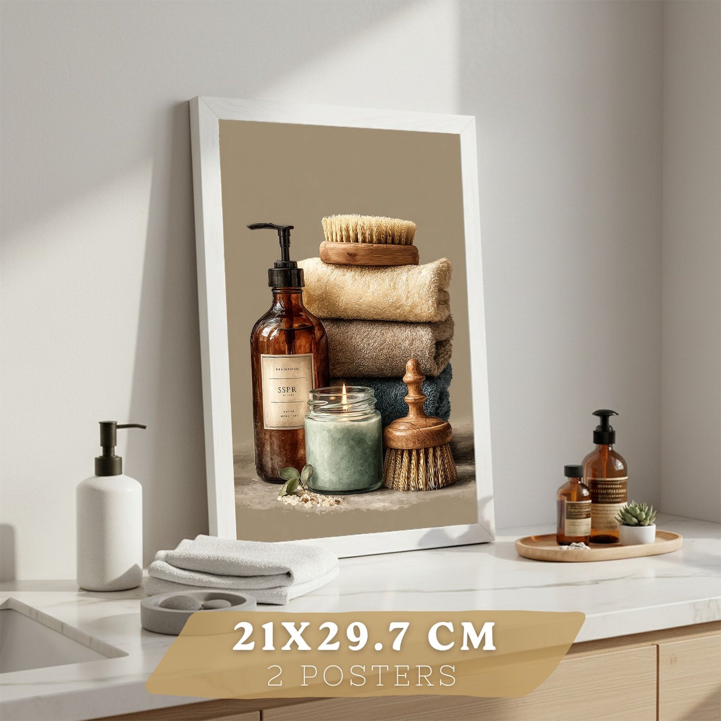 Juego de 2 Laminas Decorativas para Pared de Baño Cuadros y Poster para Lavabo Ducha WC y Aseo con Jabones Toallas y Cepillos Estilo Natural Moderno