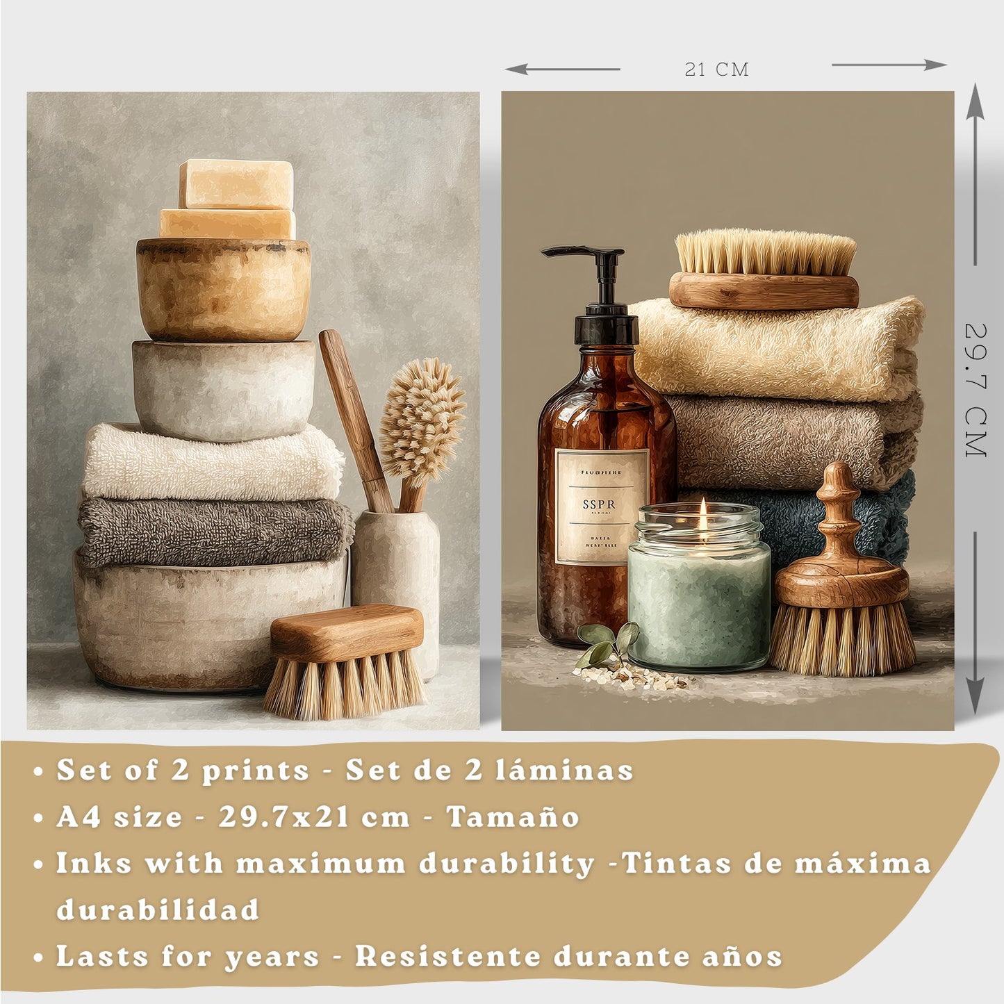 Juego de 2 Laminas Decorativas para Pared de Baño Cuadros y Poster para Lavabo Ducha WC y Aseo con Jabones Toallas y Cepillos Estilo Natural Moderno