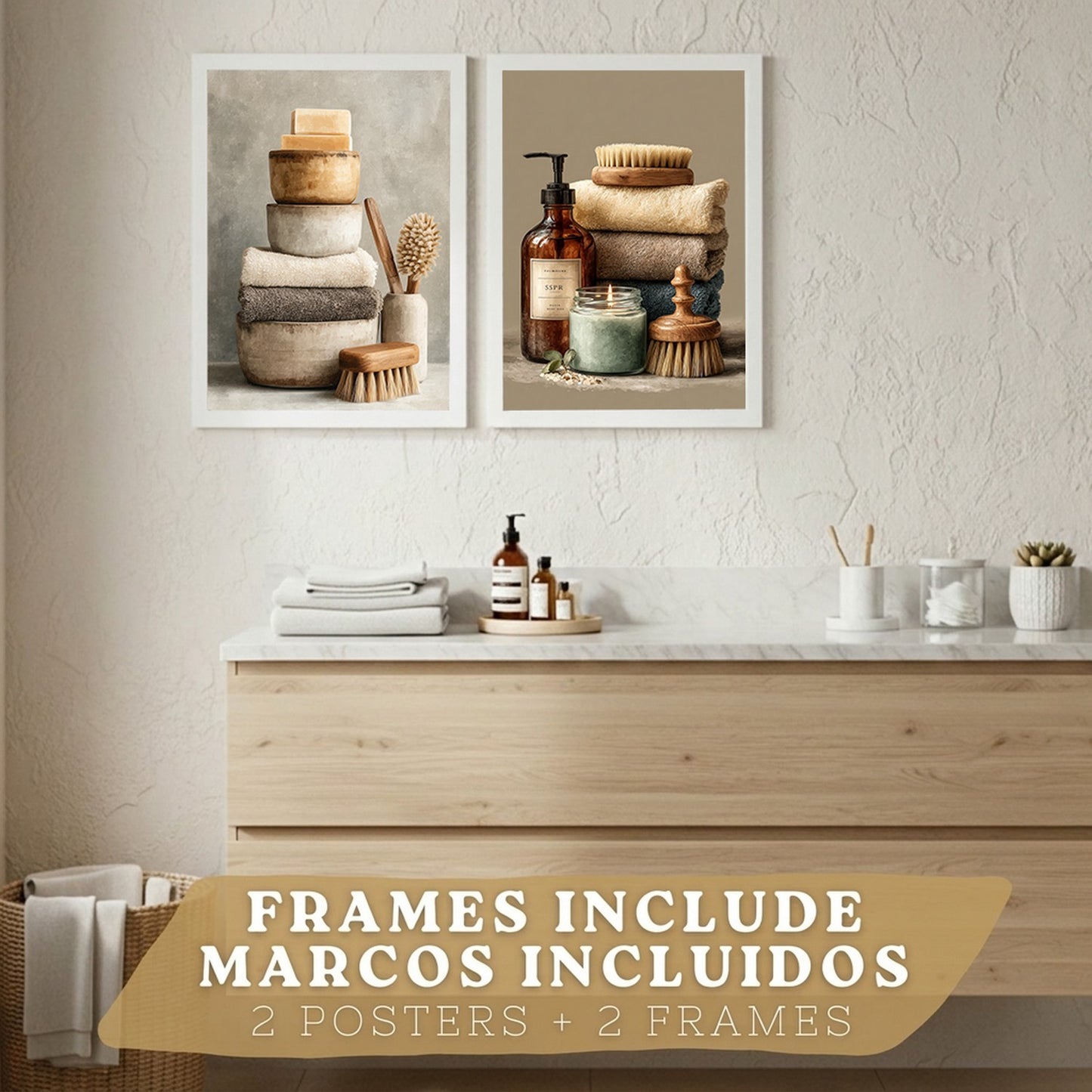 Juego de 2 Laminas Decorativas para Pared de Baño Cuadros y Poster para Lavabo Ducha WC y Aseo con Jabones Toallas y Cepillos Estilo Natural Moderno