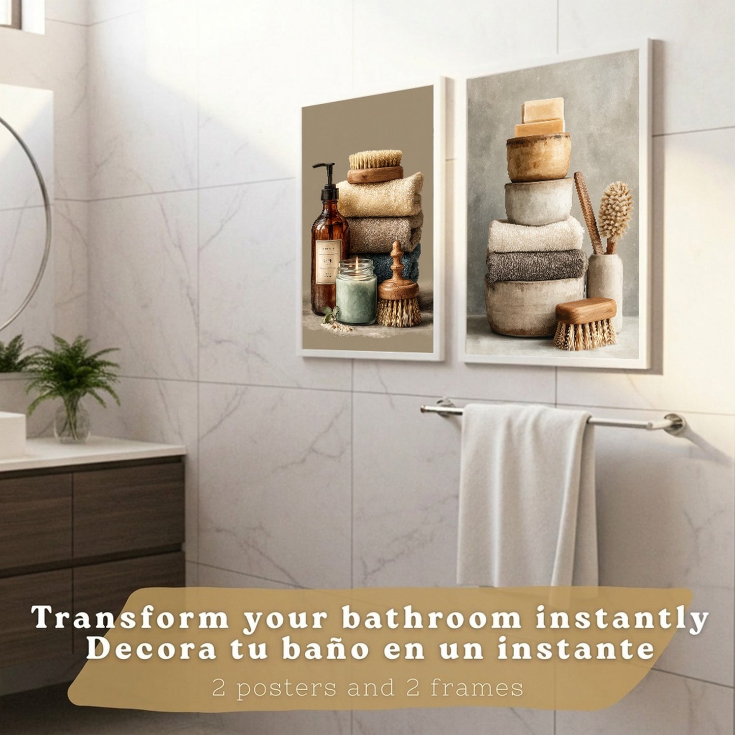 Juego de 2 Laminas Decorativas para Pared de Baño Cuadros y Poster para Lavabo Ducha WC y Aseo con Jabones Toallas y Cepillos Estilo Natural Moderno