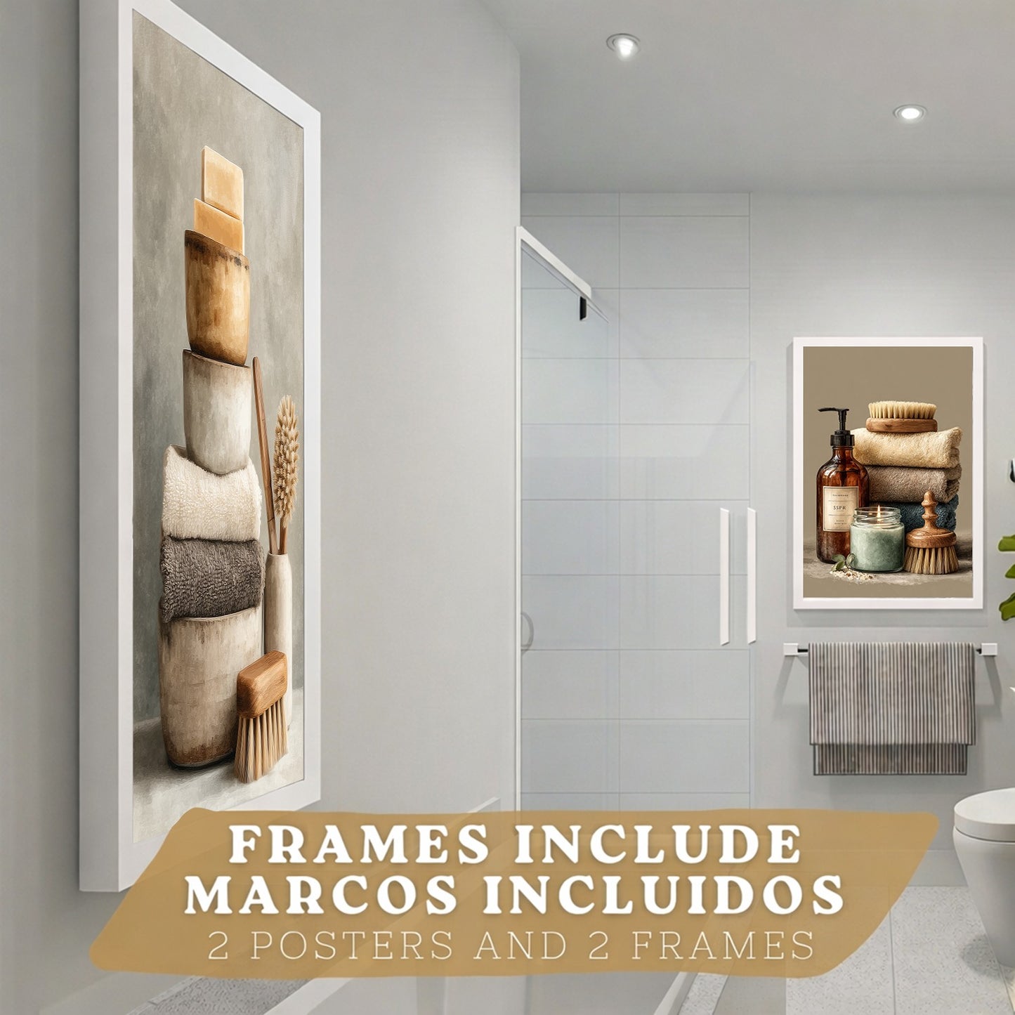 Juego de 2 Laminas Decorativas para Pared de Baño Cuadros y Poster para Lavabo Ducha WC y Aseo con Jabones Toallas y Cepillos Estilo Natural Moderno
