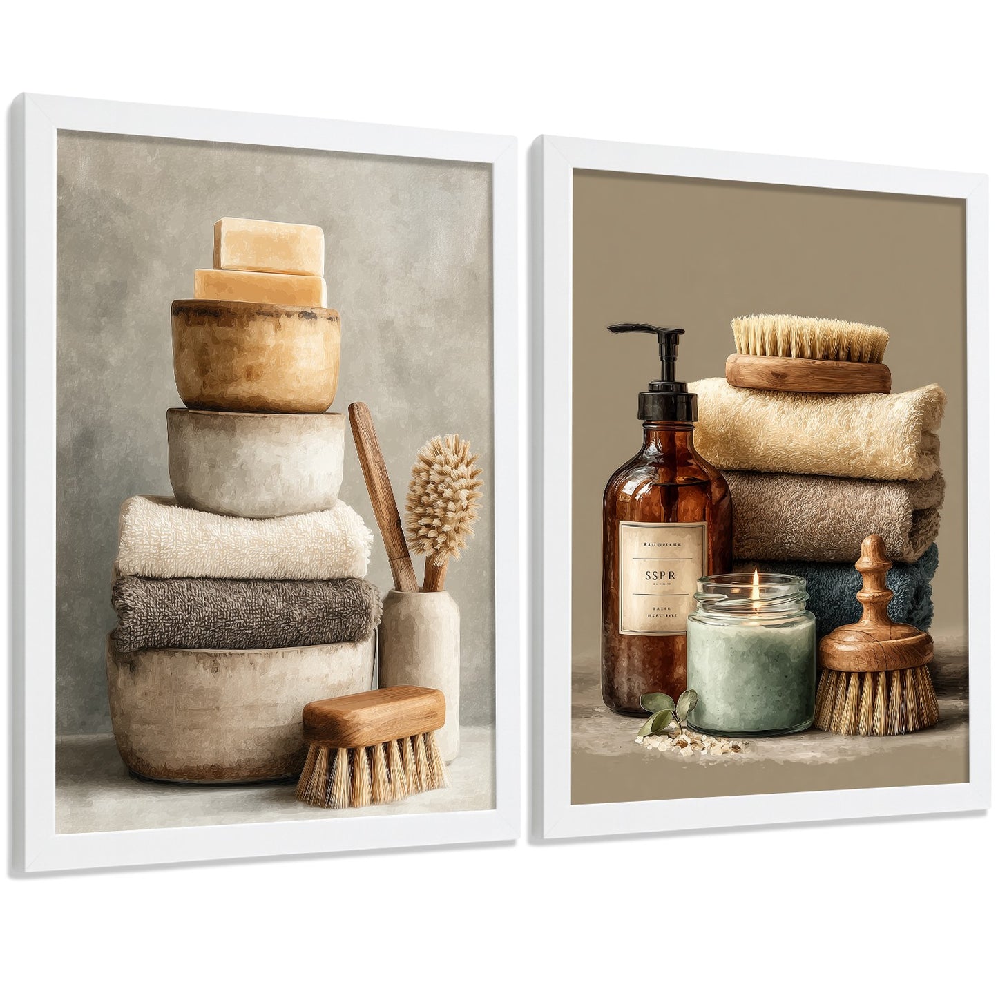 Juego de 2 Laminas Decorativas para Pared de Baño Cuadros y Poster para Lavabo Ducha WC y Aseo con Jabones Toallas y Cepillos Estilo Natural Moderno