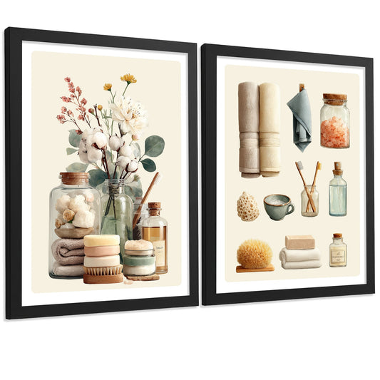 Set de 2 Laminas Decorativas Baño Estilo Spa Cuadros Minimalistas con Flores y Accesorios Posters Zen Decoracion Baño Relax y Hogar