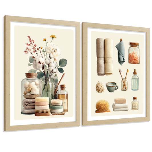 Set de 2 Laminas Decorativas Baño Estilo Spa Cuadros Minimalistas con Flores y Accesorios Posters Zen Decoracion Baño Relax y Hogar