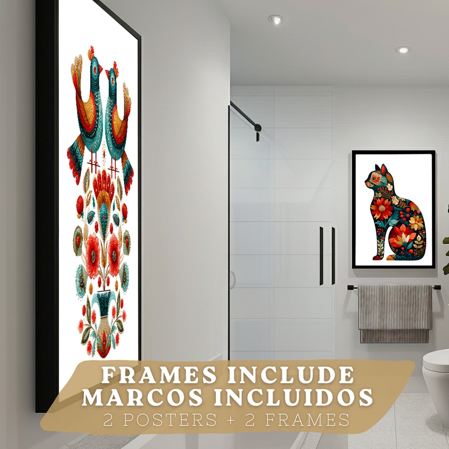 Set de 2 Laminas Decorativas Baño Cuadros Poster Arte Folk Moderno para Pared Lavabo Ducha WC y Aseo con Pajaros y Gato Floral Estilo Ilustracion Elegante