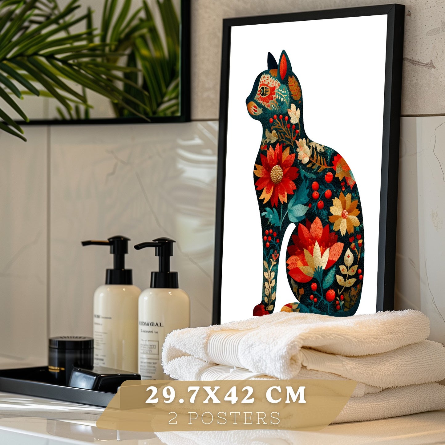Set de 2 Laminas Decorativas Baño Cuadros Poster Arte Folk Moderno para Pared Lavabo Ducha WC y Aseo con Pajaros y Gato Floral Estilo Ilustracion Elegante