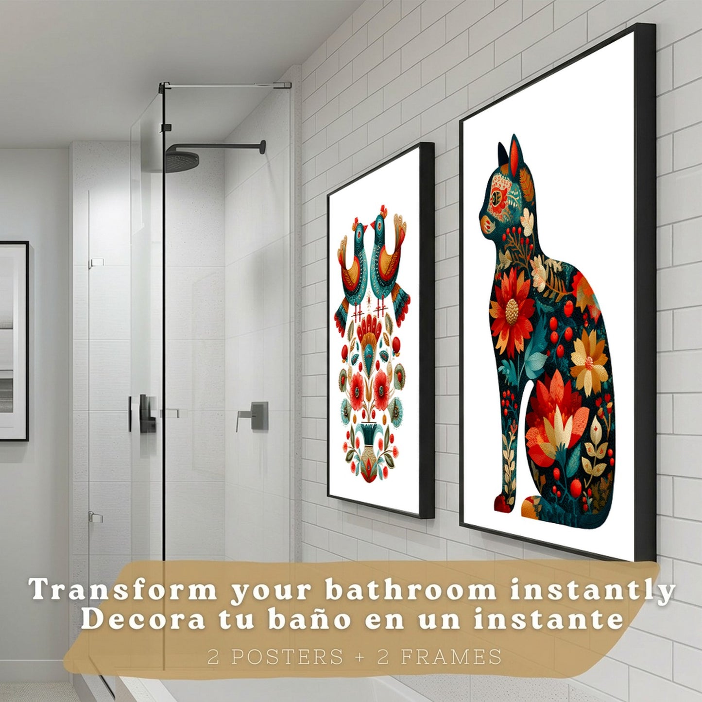 Set de 2 Laminas Decorativas Baño Cuadros Poster Arte Folk Moderno para Pared Lavabo Ducha WC y Aseo con Pajaros y Gato Floral Estilo Ilustracion Elegante