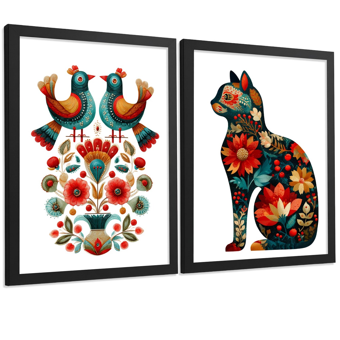 Set de 2 Laminas Decorativas Baño Cuadros Poster Arte Folk Moderno para Pared Lavabo Ducha WC y Aseo con Pajaros y Gato Floral Estilo Ilustracion Elegante