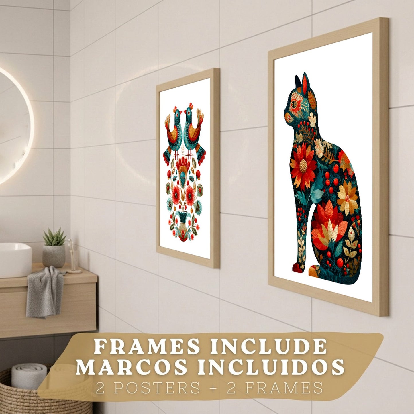 Set de 2 Laminas Decorativas Baño Cuadros Poster Arte Folk Moderno para Pared Lavabo Ducha WC y Aseo con Pajaros y Gato Floral Estilo Ilustracion Elegante