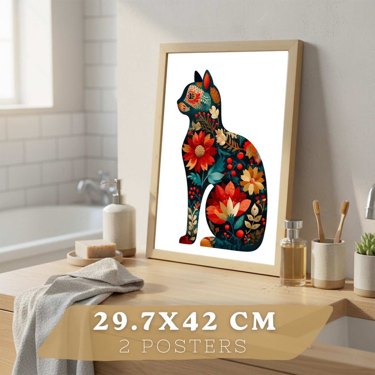 Set de 2 Laminas Decorativas Baño Cuadros Poster Arte Folk Moderno para Pared Lavabo Ducha WC y Aseo con Pajaros y Gato Floral Estilo Ilustracion Elegante
