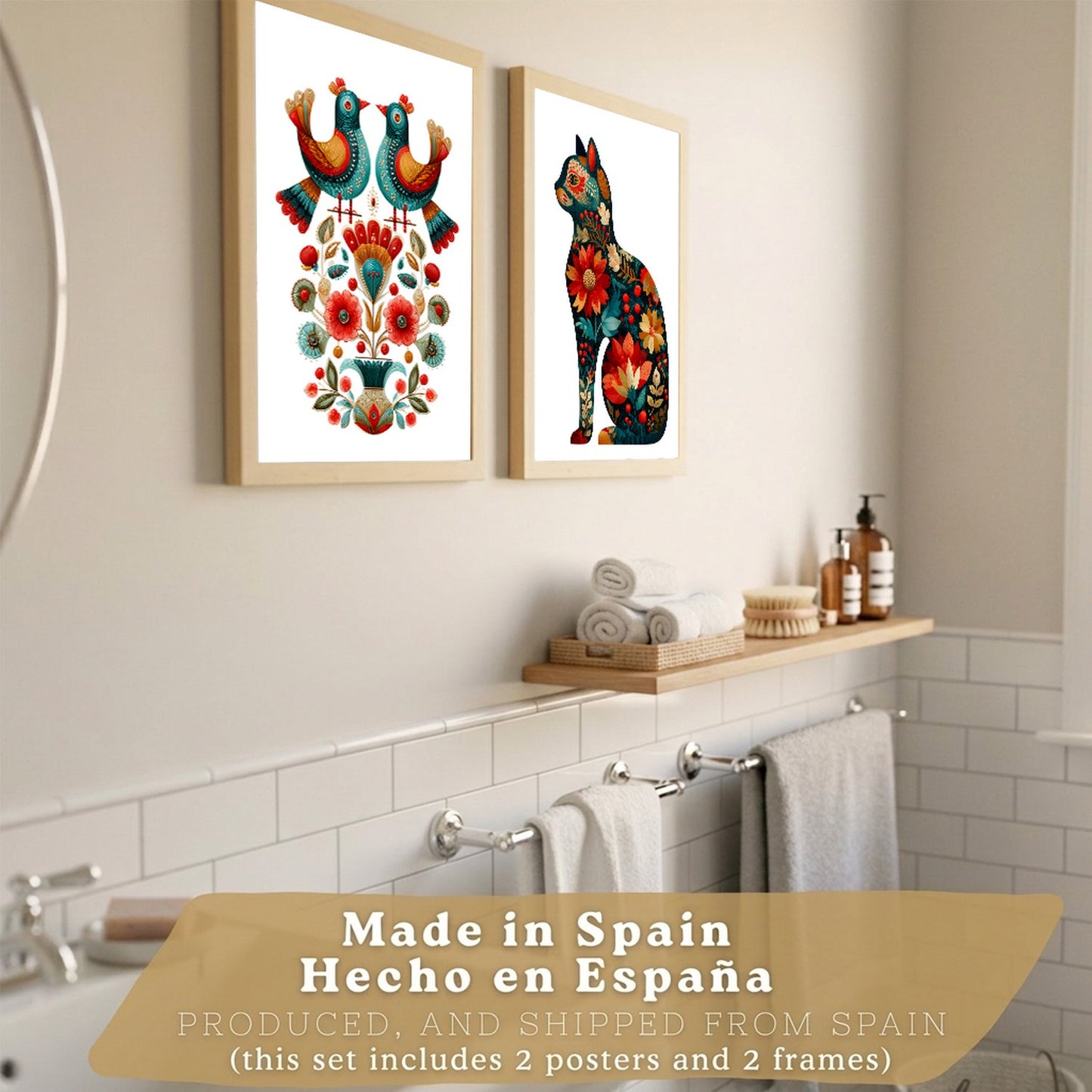 Set de 2 Laminas Decorativas Baño Cuadros Poster Arte Folk Moderno para Pared Lavabo Ducha WC y Aseo con Pajaros y Gato Floral Estilo Ilustracion Elegante
