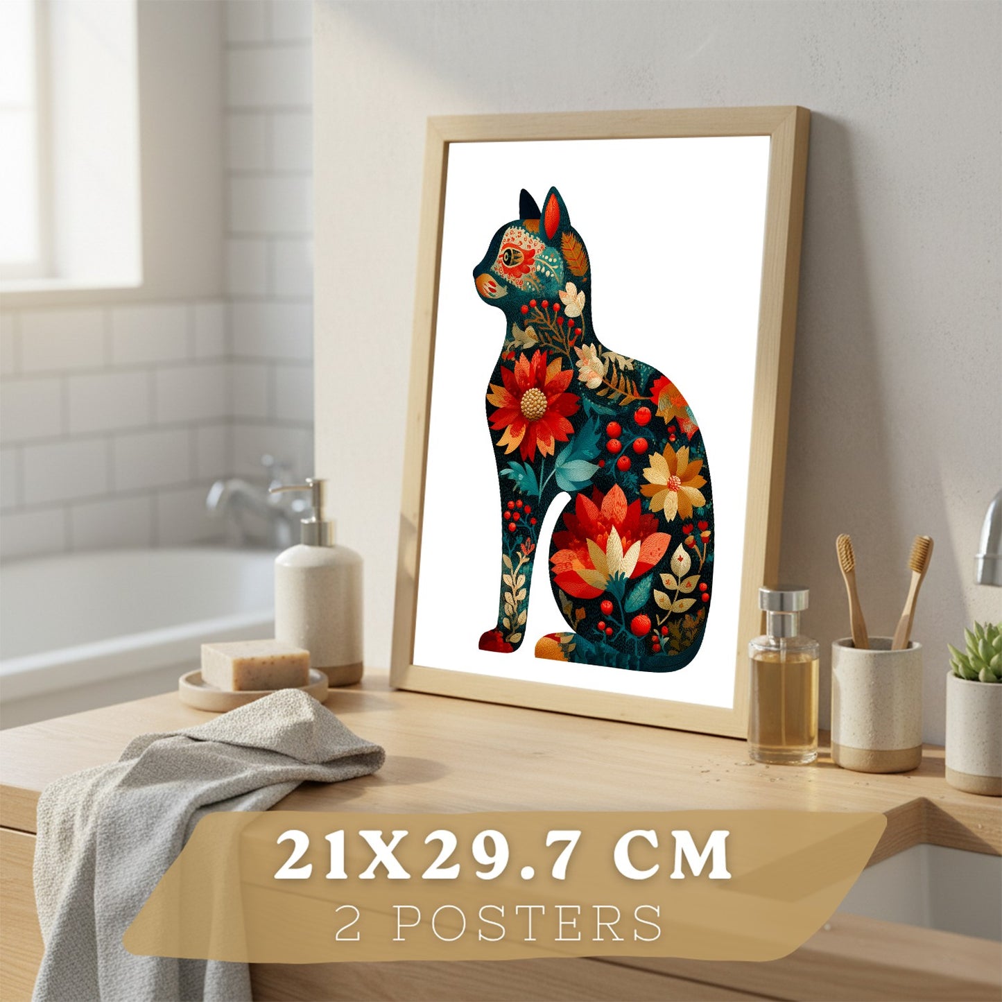 Set de 2 Laminas Decorativas Baño Cuadros Poster Arte Folk Moderno para Pared Lavabo Ducha WC y Aseo con Pajaros y Gato Floral Estilo Ilustracion Elegante