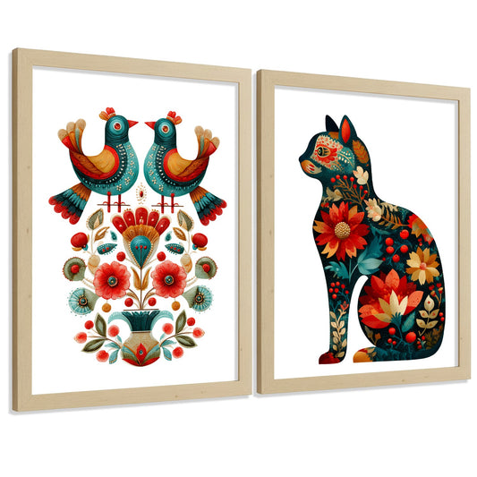 Set de 2 Laminas Decorativas Baño Cuadros Poster Arte Folk Moderno para Pared Lavabo Ducha WC y Aseo con Pajaros y Gato Floral Estilo Ilustracion Elegante