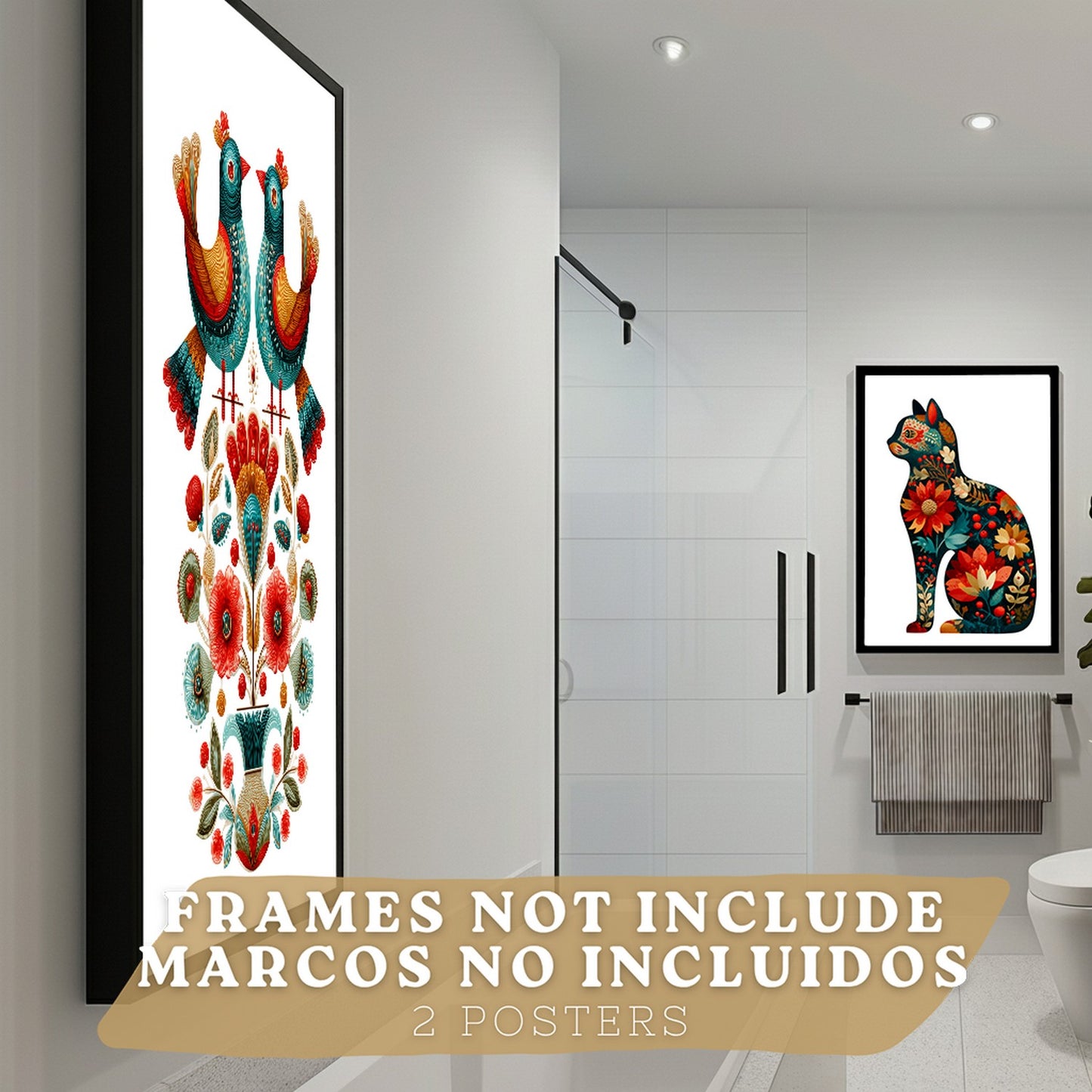 Set de 2 Laminas Decorativas Baño Cuadros Poster Arte Folk Moderno para Pared Lavabo Ducha WC y Aseo con Pajaros y Gato Floral Estilo Ilustracion Elegante