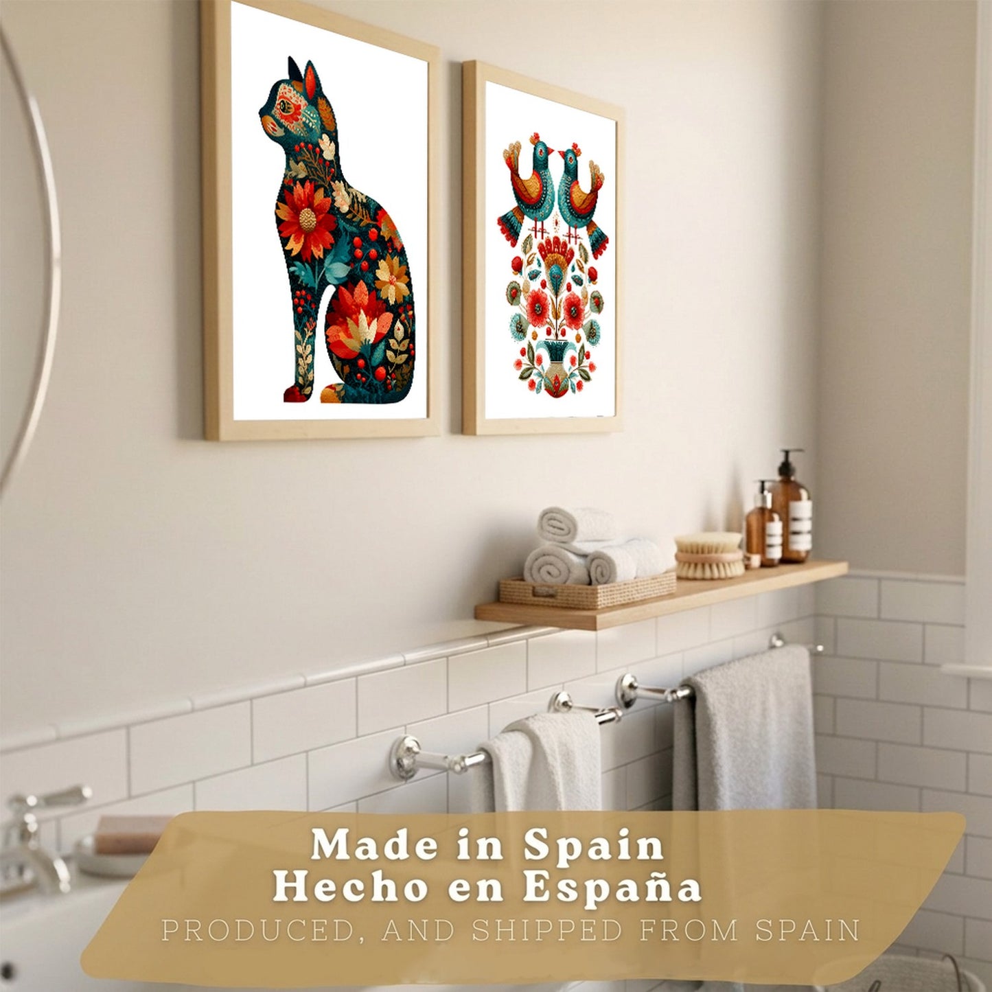 Set de 2 Laminas Decorativas Baño Cuadros Poster Arte Folk Moderno para Pared Lavabo Ducha WC y Aseo con Pajaros y Gato Floral Estilo Ilustracion Elegante