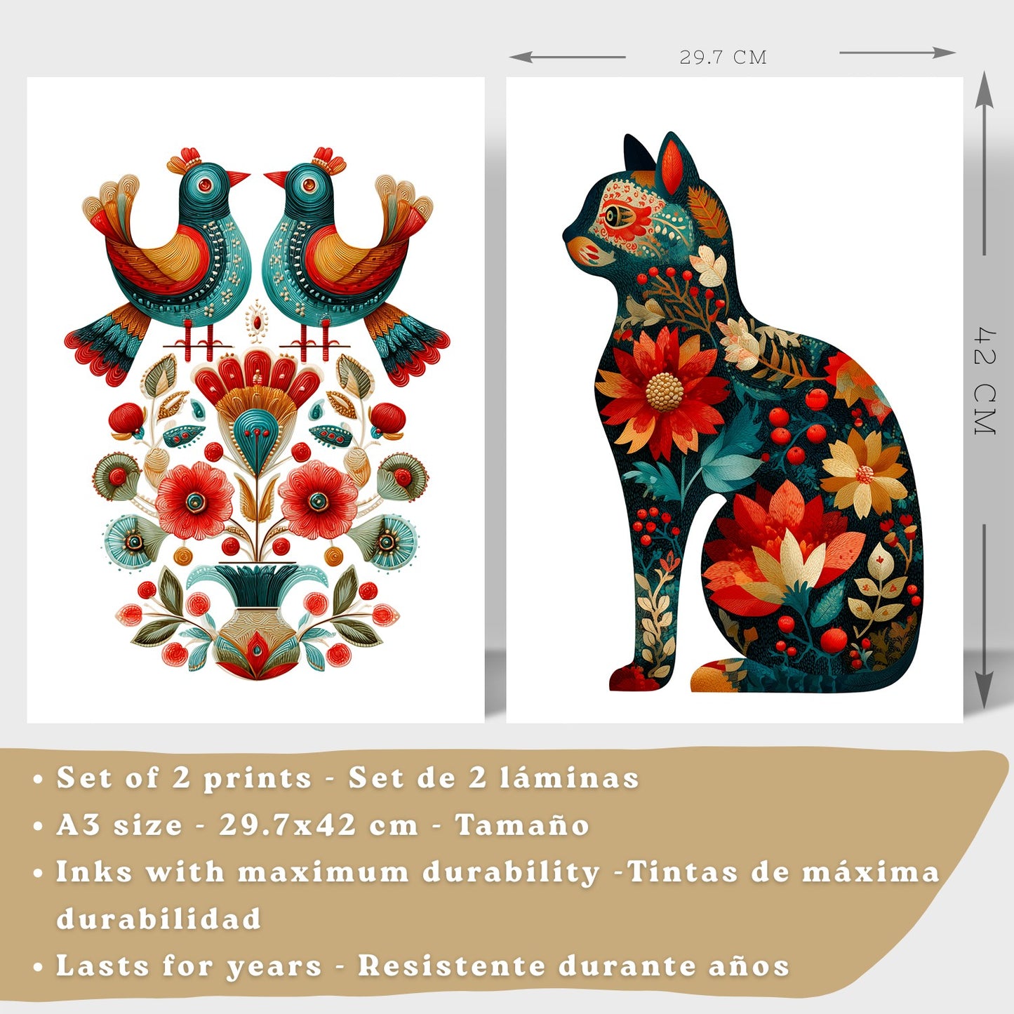 Set de 2 Laminas Decorativas Baño Cuadros Poster Arte Folk Moderno para Pared Lavabo Ducha WC y Aseo con Pajaros y Gato Floral Estilo Ilustracion Elegante