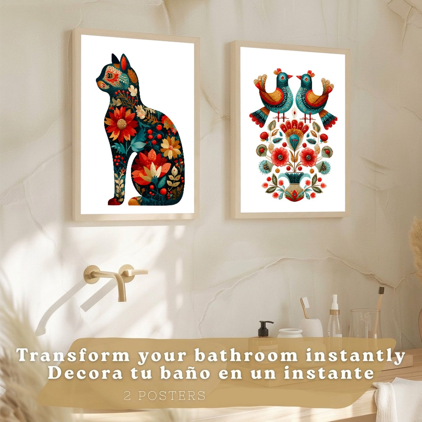 Set de 2 Laminas Decorativas Baño Cuadros Poster Arte Folk Moderno para Pared Lavabo Ducha WC y Aseo con Pajaros y Gato Floral Estilo Ilustracion Elegante