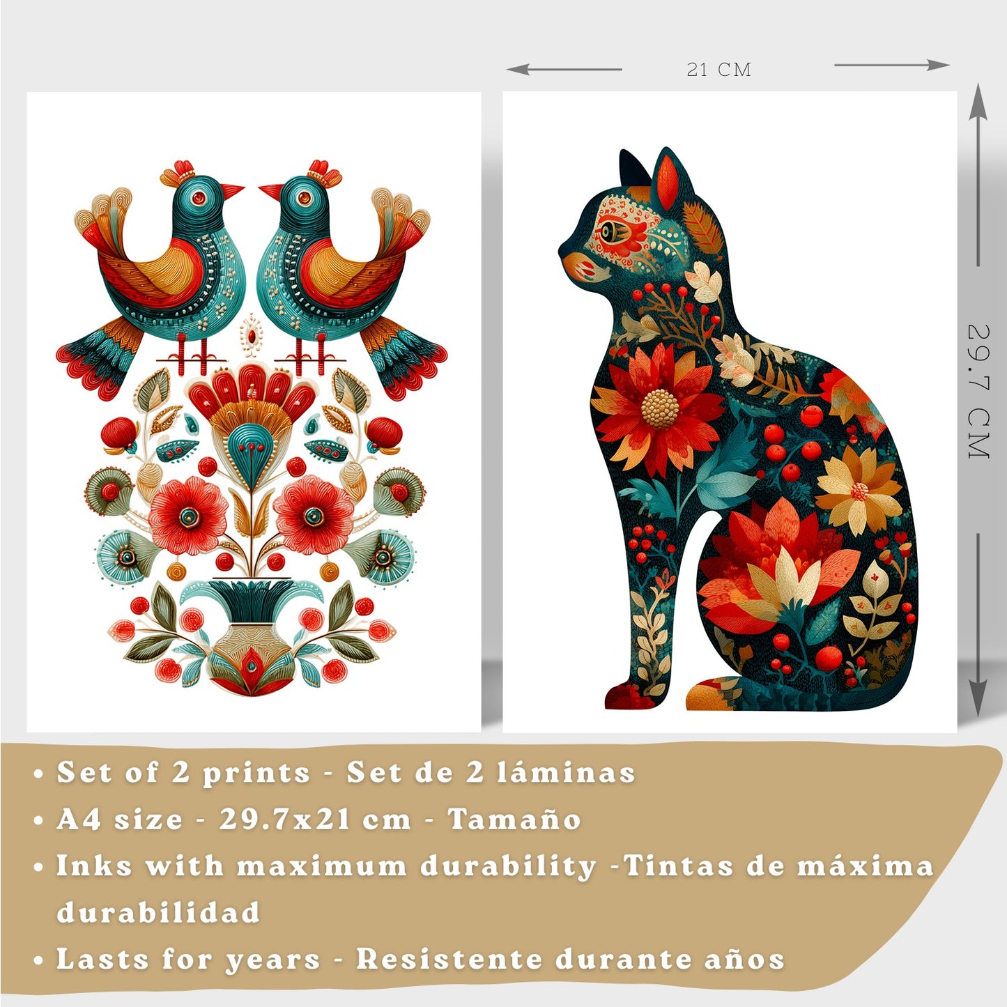 Set de 2 Laminas Decorativas Baño Cuadros Poster Arte Folk Moderno para Pared Lavabo Ducha WC y Aseo con Pajaros y Gato Floral Estilo Ilustracion Elegante