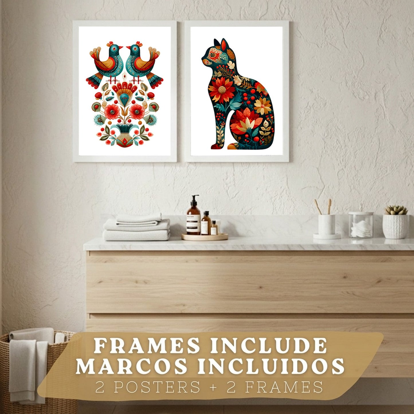 Set de 2 Laminas Decorativas Baño Cuadros Poster Arte Folk Moderno para Pared Lavabo Ducha WC y Aseo con Pajaros y Gato Floral Estilo Ilustracion Elegante
