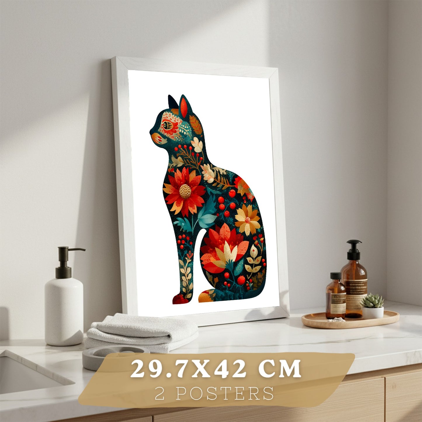 Set de 2 Laminas Decorativas Baño Cuadros Poster Arte Folk Moderno para Pared Lavabo Ducha WC y Aseo con Pajaros y Gato Floral Estilo Ilustracion Elegante