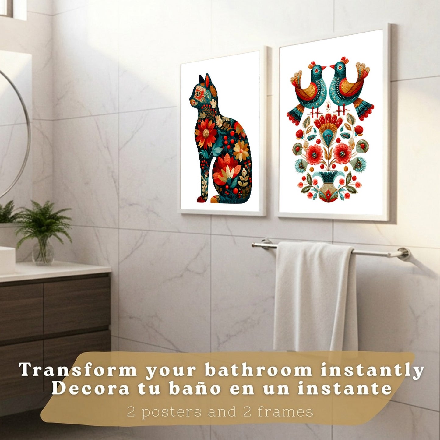 Set de 2 Laminas Decorativas Baño Cuadros Poster Arte Folk Moderno para Pared Lavabo Ducha WC y Aseo con Pajaros y Gato Floral Estilo Ilustracion Elegante