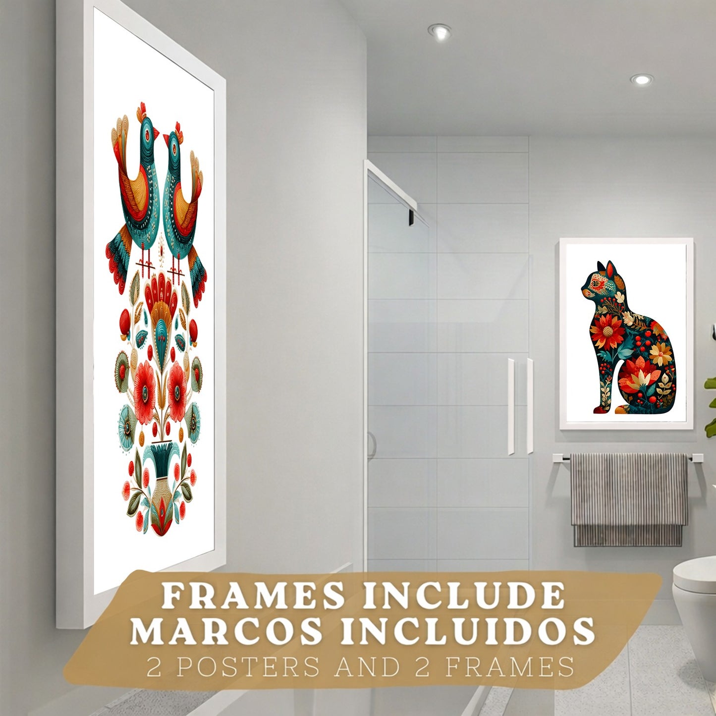 Set de 2 Laminas Decorativas Baño Cuadros Poster Arte Folk Moderno para Pared Lavabo Ducha WC y Aseo con Pajaros y Gato Floral Estilo Ilustracion Elegante