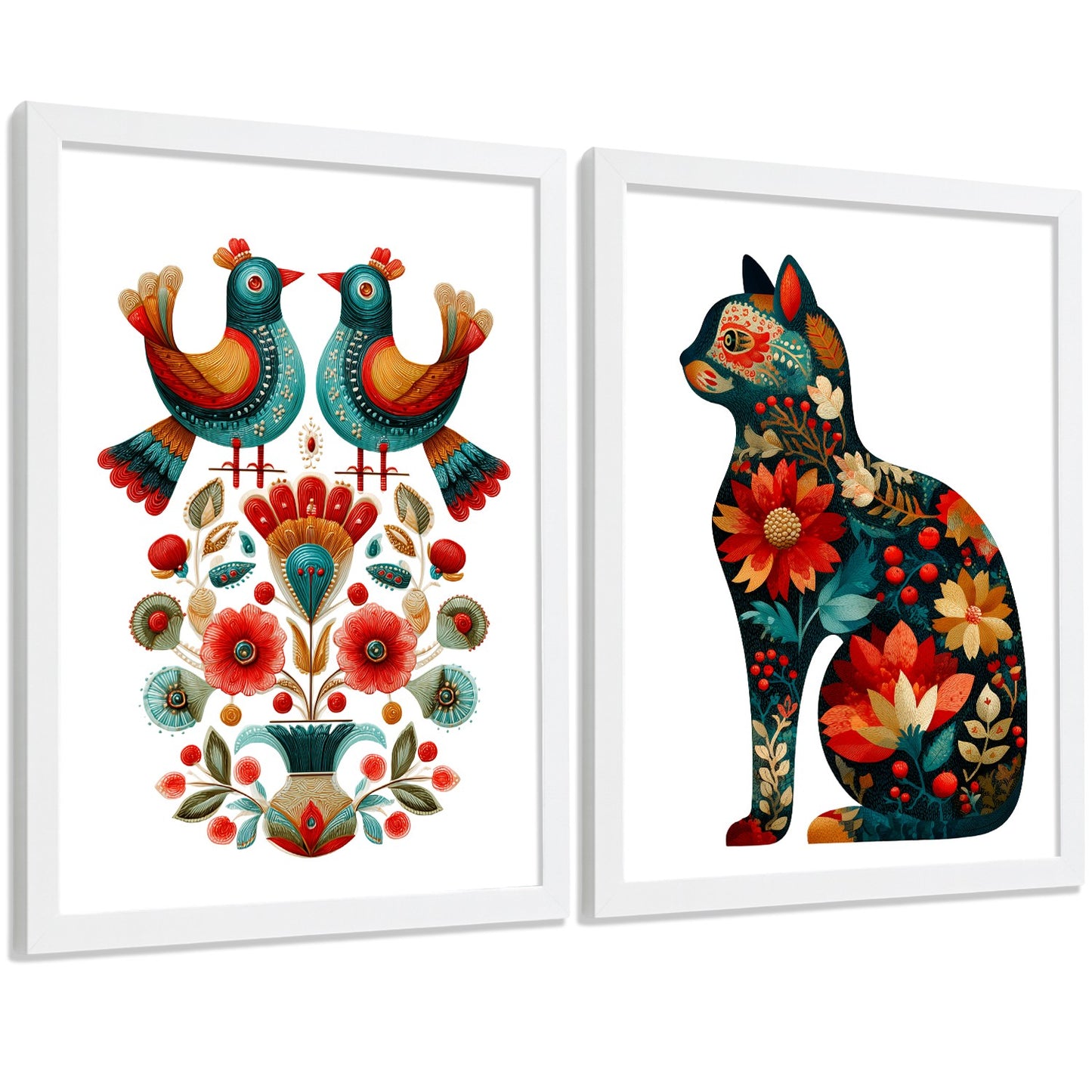 Set de 2 Laminas Decorativas Baño Cuadros Poster Arte Folk Moderno para Pared Lavabo Ducha WC y Aseo con Pajaros y Gato Floral Estilo Ilustracion Elegante